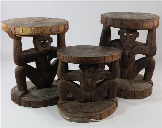 Three Sepik River low hardwood tables with figural supports